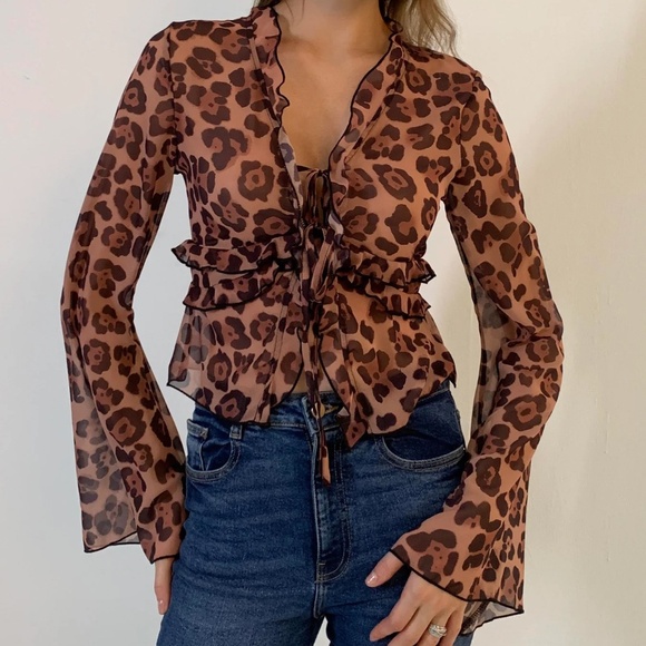 Commense Leopard Print Semi-Sheer Ruffle V-Neck Blouse - Picture 1 of 9